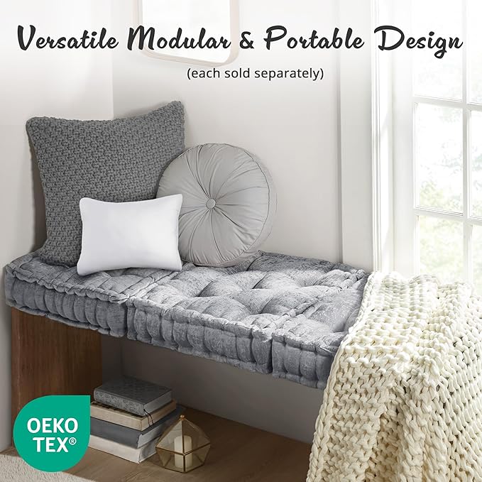 Intelligent Design Azza Floor Pillow, Large Cushions Sitting for Adults, Floor Pillow for Meditation or Yoga, Lustrous Chenille Tufted with Scalloped Edges for Bench/Chair Cushion, 20"x20"x5" Grey