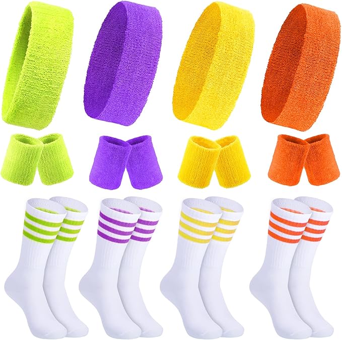 Hillban 80s Workout Outfit 80s Accessories for Women Men Neon Sweatbands Headbands for Tennis Volleyball Sport