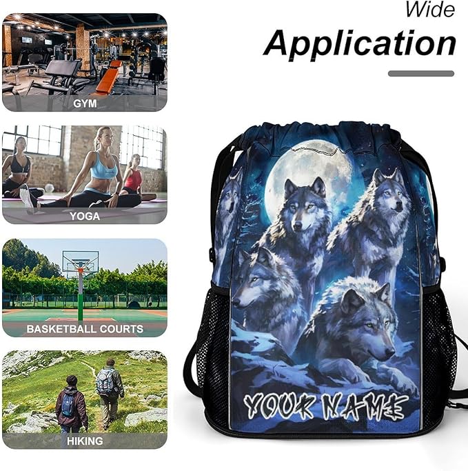 Custom Wolf Drawstring Backpack - Cute Cinch Sack, String Backpacks with Pocket for Women Men Kids Boys Girls for Gym Outdoor Sports Travel Athletic Drawstring Bag - Lightweight/Foldable