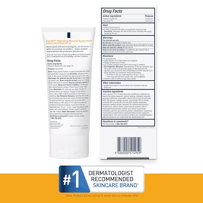 CeraVe 100% Mineral Sunscreen SPF 50, Face sunscreen With Zinc Oxide & Titanium Dioxide, Hyaluronic Acid + Niacinamide + Ceramides, Oil Free, Travel Size 2.5 oz