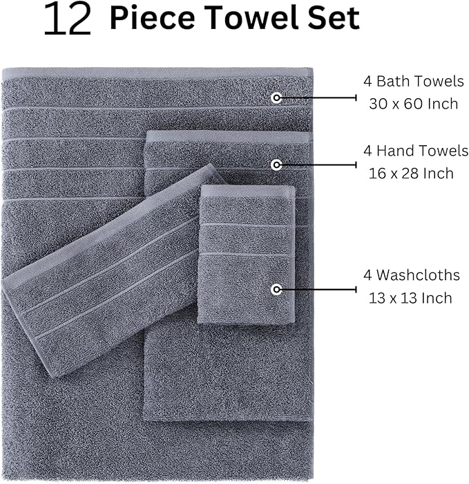 Casa Platino 100% Cotton Luxury Bathroom Towel Set - 12 Pc - Ring Spun, Quick Dry, Soft & Highly Absorbent - 4 Bath, 4 Washcloths, 4 Hand Towels - Remains Plush After Multiple Washes - Cool Grey