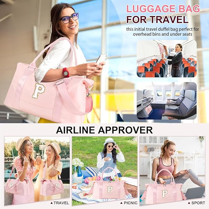 Dance Gym Duffel Bag for Teen Girls, Personalized Initial Travel Weekender Bag,Cute Overnight Carry On Duffle for Women,Sports Travel Cheer Bag,Monogram Christmas Gifts for Tween Preppy(pink-P)