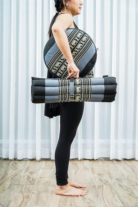 Leewadee Meditation Cushion Set – 1 Small Zafu Yoga Pillow and 1 Small Roll-Up Zabuton Mat Filled with Kapok