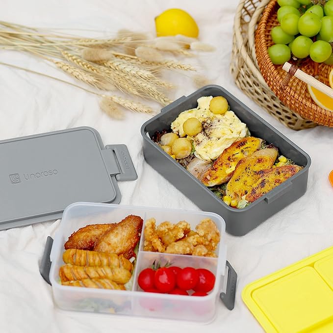linoroso Stackable Bento Box Adult Lunch Box | Meet All You On-the-Go Needs for Food, Salad and Snack, Premium Bento Lunch Box for Adults Include Utensil Set, Dressing Containers - Ultimate Gray
