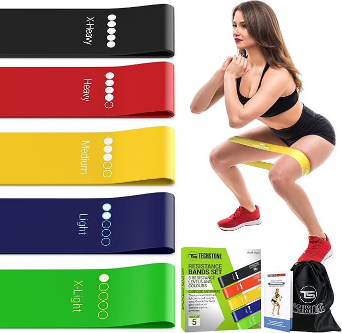TechStone Resistance Bands Set for Men and Women, Pack of 5 Different Levels Elastic Band for Home Gym Long Exercise Workout – Great Fitness Equipment for Training, Yoga – Free Carrying Bag