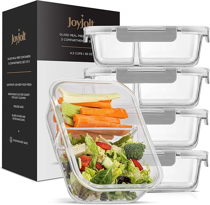 JoyJolt Divided Food Storage Containers with Lids Airtight. 5 Pack Glass Meal Prep Containers 2 Compartment Set Glass Bento Box. Reusable Food Containers, Portion Control Containers for Weight Loss