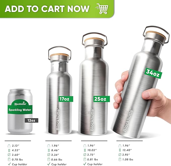 Blockhütte Vacuum Insulated Stainless Steel Water Bottle I 25 oz I Wide Mouth Metal Bottle for hot and cold drinks I BPA-Free I for Travel, School I Kids, Adults, Water Canteen, Sports, flask