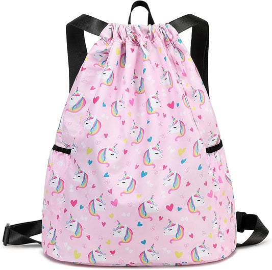 Unicorn Gym Drawstring Backpack, Sports Gym Bag for Girls Kids Waterproof Swimming Beach Sackpack Birthday Christmas Gift with Water Bottle Pocket Pink