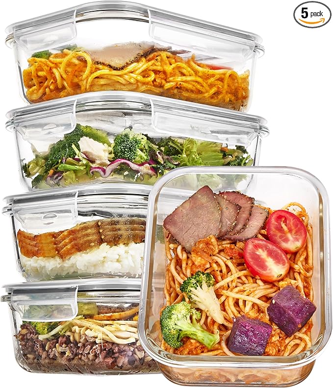 Vtopmart 5 Pack 35oz Glass Food Storage Containers with Lids, Meal Prep Containers, Airtight Reusable Lunch Container Set, Safe for Oven, Microwave, Freezer, and Dishwasher