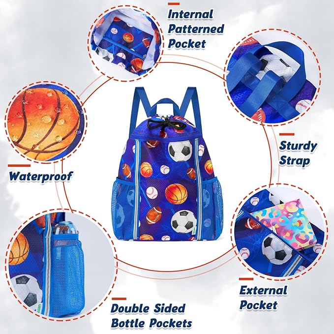 WAWSAM Kids Gym Drawstring Backpack String Bag, Ball Sports Gym Bag for Kids Boys Waterproof Swimming Beach String Cinch Backpack with Two Water Bottle Pocket