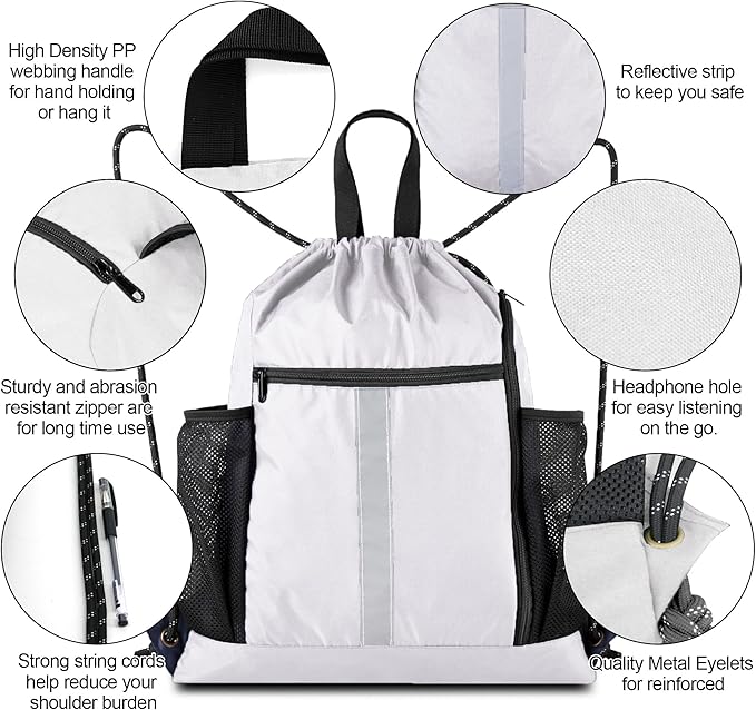 BeeGreen White_Drawstring_Backpack_Bag_Sports_Gym_Backpack with Shoe Compartment and Two Water Bottle Holder for Men Women Large String Athletic Sackpack Workbag White
