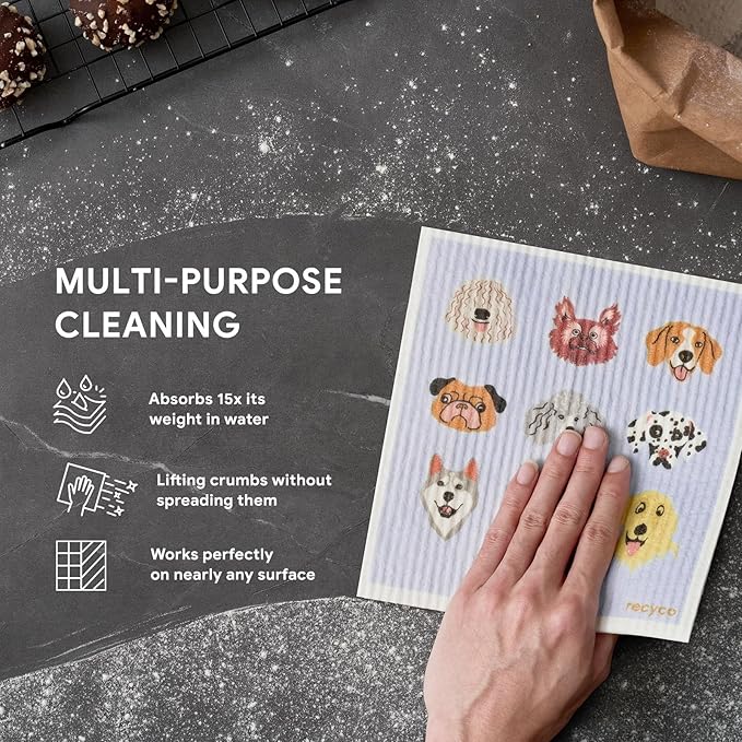 RECYCO Swedish Dishcloths for Kitchen | 5 Pack Pale Blue Washable Dish Rags | Cellulose Reusable Cleaning Paper Towels | Absorbent Counter Dish Cloth Sponge Kitchen Wipes, 8" L x 7" W