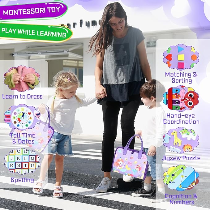 Esjay Toddler Busy Board Montessori Toys for Girls, Sensory Board Educational Activities Learning Fine Motor Skills, Birthday Gifts for Girls Toddlers, Travel Toys for Airplane Car, Purple Merpeople