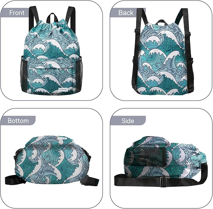 Drawstring Backpack Sports Gym Sackpack with Mesh Pockets Water-Resistant String Cinch Beach Bag for Men Women(Blue Waves)