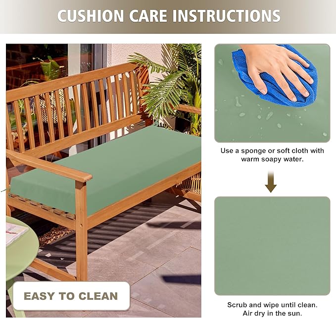 Outdoor Bench Cushion Waterproof 59"x18" – Fade-Resistant Patio Furniture Cushion with Ties for Loveseat, Porch Swing or Indoor Bench Replacement, Sage Green