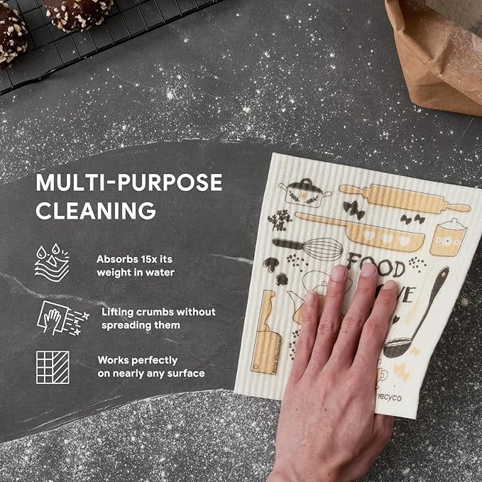RECYCO Swedish Dishcloths for Kitchen | 6 Pack Kitchens Love Washable Dish Rags | Cellulose Reusable Cleaning Paper Towels | Absorbent Counter Dish Cloth Sponge Kitchen Wipes, 8" L x 7" W