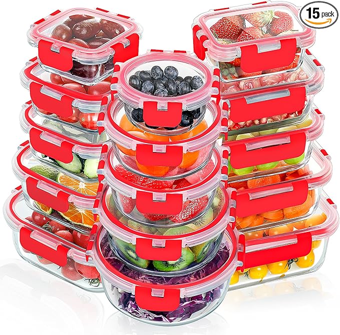 VERONES 30 Pieces Glass Meal Prep Containers Set, Stackable Glass Food Storage Containers with Lids-Airtight Glass Lunch Containers，for Microwave, Oven, Freezer & Dishwasher,Red