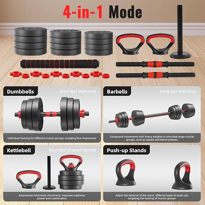 Multi-Functional Portable Changeable Dumbbell and Barbell Kettlebell Set with Adjustable Weights, 40LBS or 60LBS Sets, 2-in-1 or 4-in1, Multiple Styles