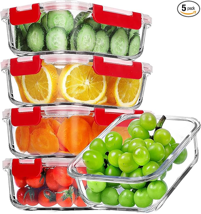 VERONES 5 Pack 36 OZ Glass Meal Prep Containers, Airtight Glass Lunch Containers Set, Glass Food Storage Containers with Lids,Exclusive of BPA, for Microwave, Oven, Freezer & Dishwasher Friendly,Red