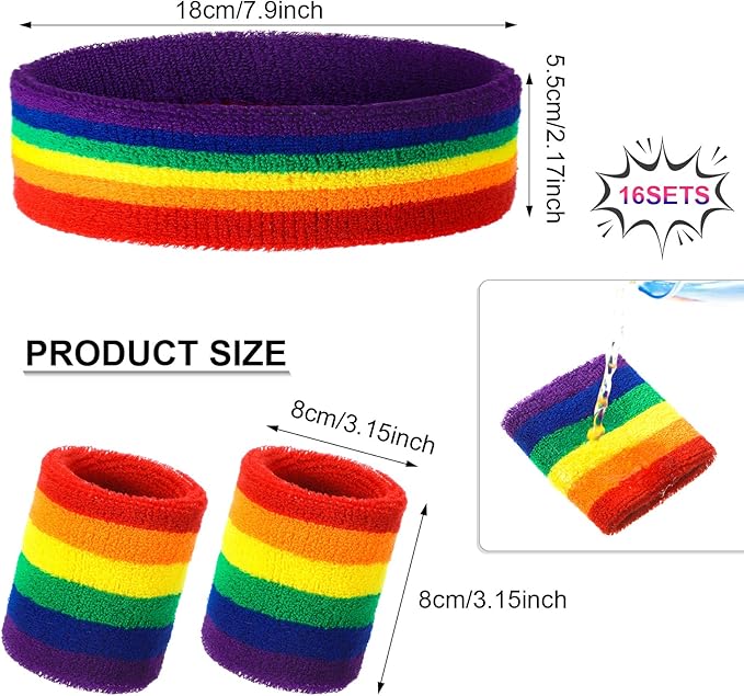 48 Pcs Football Sweatbands Bulk for Men Women Striped Sweatband Set, Include 16 Headband and 32 Wristbands Sports Neon Accessories for 80's Costume Party Athletic Gym