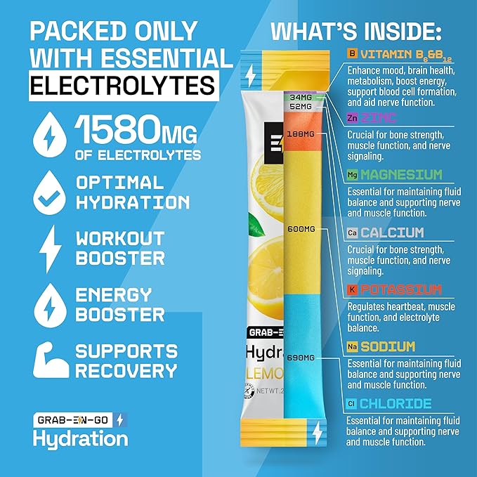 EN, Sugar-Free Electrolytes Powder Packets – Keto Electrolytes Hydration Packets, Single-Serving Electrolytes, Zero Calories, Vegan, Non-GMO, Organic, Gluten-Free, Lemonade 18 CT