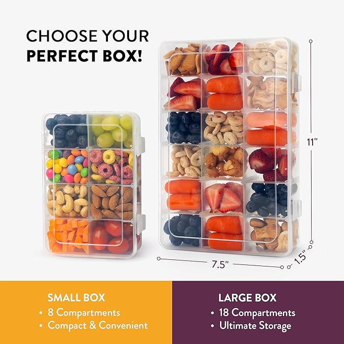 Large Kids Snack Box Containers Set of 2 -100 Labels, BPA-Free, Adjustable Compartments, Dishwasher Safe, Reusable Tray, Food Grade, Meal Prep Container, PARENT TESTED PARENT APPROVED AWARD (Clear)