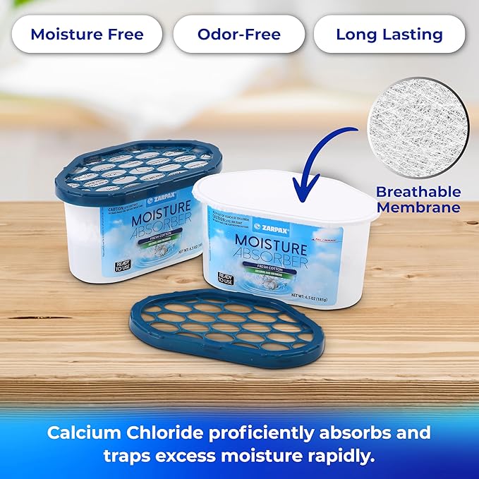 Moisture Absorber Fresh Cotton 6.5 oz/185g | Removes Moisture, Damp & Humidity | Odor Absorber With Fresh Cotton Fragrance | Moisture Trap for Bathroom, Closet, Kitchen | Set of 6