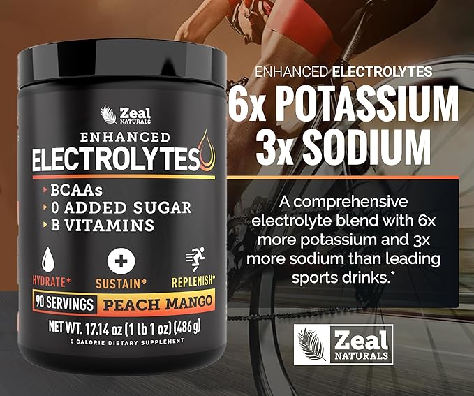 Enhanced Electrolyte Powder (Peach Mango | 90ct.) w/ 0 Sugar +BCAAs +B-Vitamins Electrolyte Supplement w Potassium Zinc & Magnesium for Hydration - Keto Electrolytes