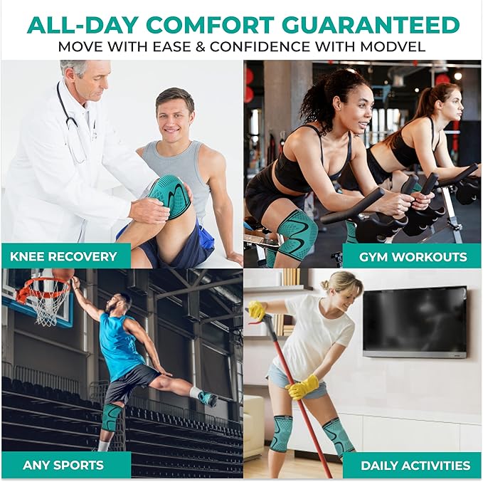 Modvel 2 Pack Knee Brace for Women & Men - Workout Knees Compression Sleeve for Knee Pain Relief Joint Support for ACL, Arthritis, Meniscus Tear Knees Brace for Sports, Rodilleras para Gym Fitness