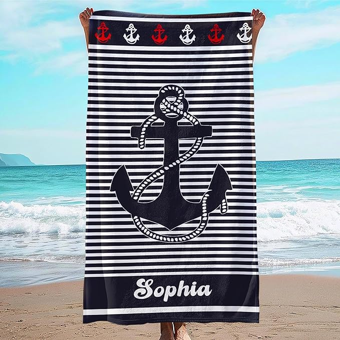 JML Personalized Beach Towel with Name, Custom Anchor Beach Towel, Customized Microfiber Pool Towel, Quick Dry & Absorbent Swim Towel for Adult,Anniversary, Birthday, Summer Holiday,Vacation