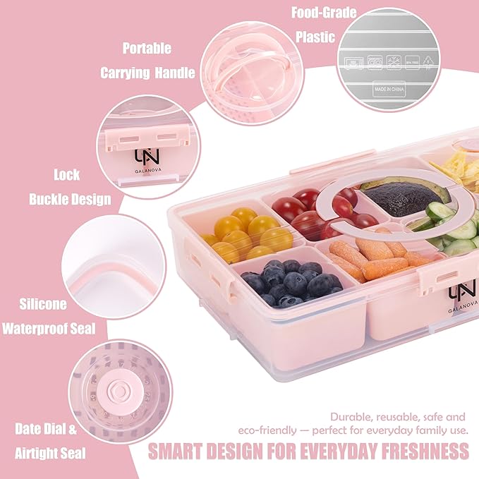 Snackle Box Container - 10 Compartments Including 2 XL, Dishwasher & Microwave Safe, Divided Serving Tray with Lid and Handle, BPA-Free, snack box (1 PCS, Pink, 1 Box with 2 XL Compartments)