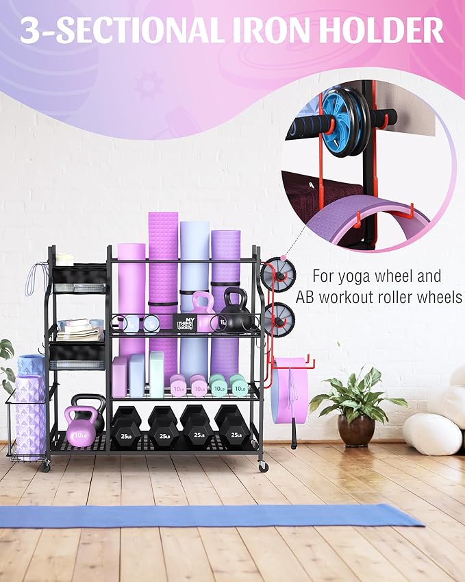Mythinglogic Weight Rack for Dumbbells, Home Gym Storage for Yoga Mat Dumbbells Kettlebells and Strength Training Equipment, Dumbbell Rack with Wheels and Hanging Hooks
