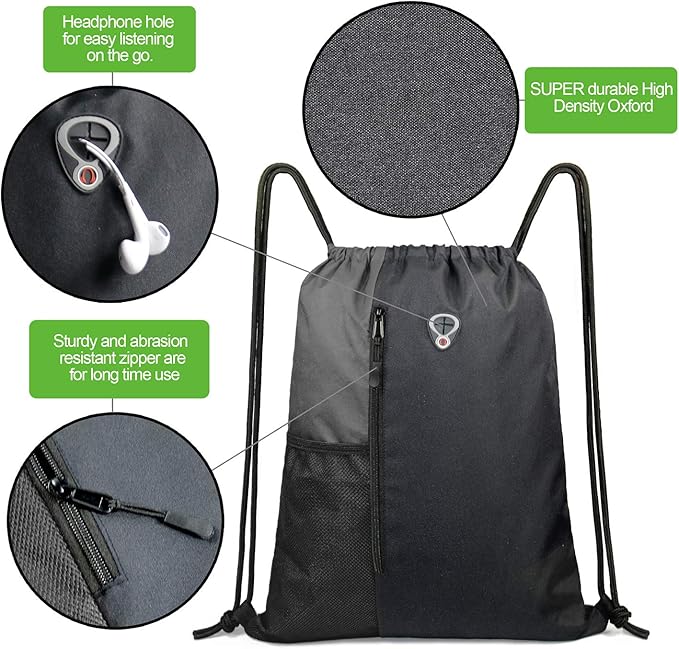 BeeGreem Grey Sport Bag Drawstring Backpack String Bag For Men Women Gym Backpack With Water Bottle Mesh Pockets And Two Zipper Pockets 16" x 20"