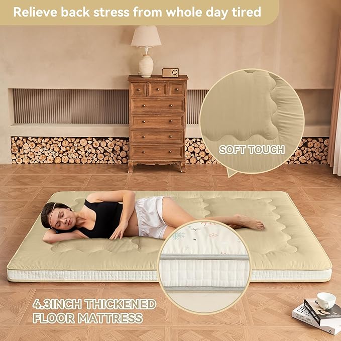 Dr.Futon Japanese Floor Futon Mattress Extra Thick Folding Roll Up Bed Topper Mat for Guest,Lounger and Tavel