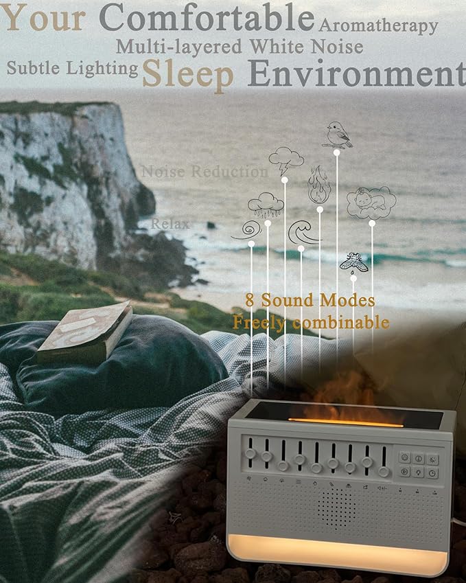 Sound Machine with DIY White Noise, Essential Oil Aromatherapy, Flame Diffusers, Night Light,Timer; Perfect for Sleep, Meditation, Work, Learning, Yoga - Great Gift for Life