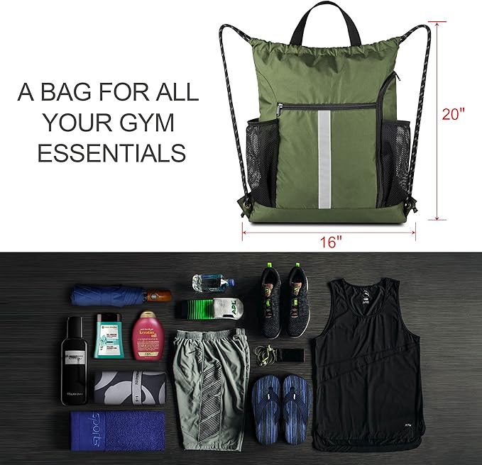 BeeGreen Moss Green Drawstring Bag Pack Sport Cinch Sack with Shoe Compartment and Two Side Mesh Pockets Heavy Duty Gym String Backpack for Unisex