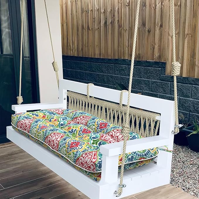 Tufted Bench Cushion for Outdoor Furniture, Patio Swing Cushion 44 x 19 x 5 Inch, Overstuffed Outdoor Chair Cushion for Garden Loveseat Lounge Storage, 1 Pack,Damask Red