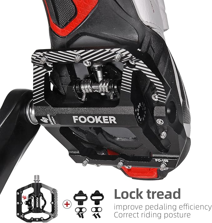 FOOKER MTB Mountain Bike Pedals 3 Bearing Flat Platform Compatible with Dual Function Sealed Clipless Aluminum 9/16" Pedals with Cleats for Road