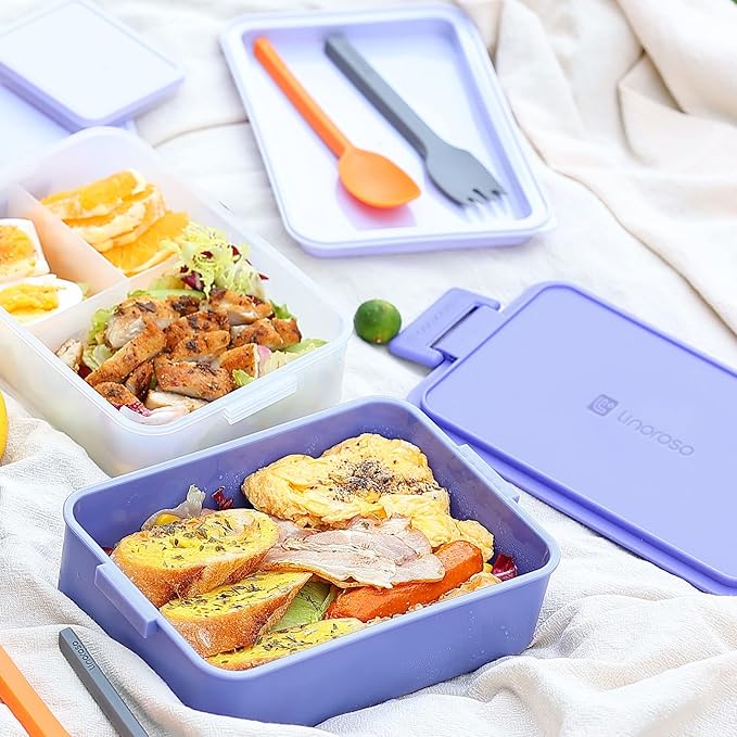 linoroso Stackable Bento Box Adult Lunch Box | Meet All You On-the-Go Needs for Food, Salad and Snack Box, Premium Bento Lunch Box for Adults Include Utensil Set, Dressing Containers - Veri Peri