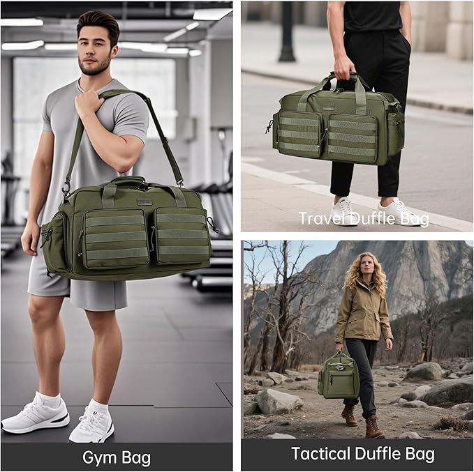 Duffle Bag for Men Women, Gym Bags & Tactical Duffle Bag with Shoe Compartment, Weekender Overnight Bag for Travel Workout, ArmyGreen