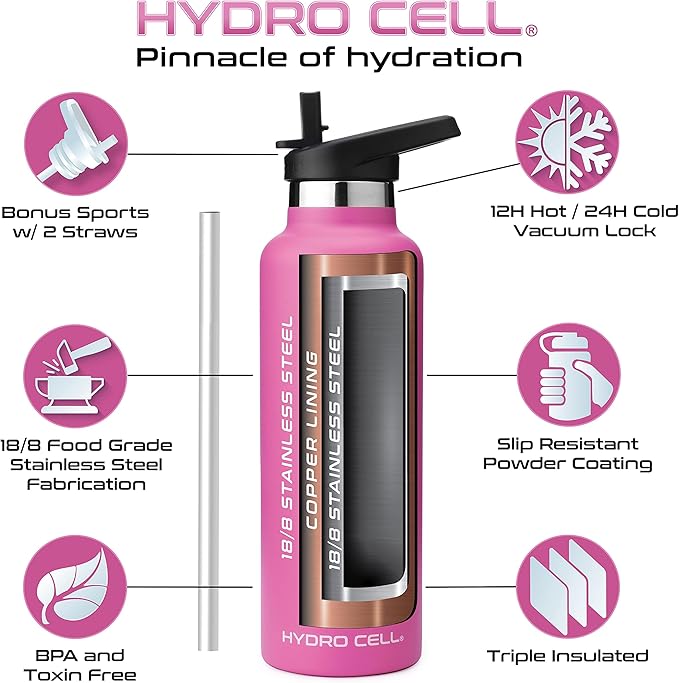 HYDRO CELL Stainless Steel Water Bottle with Straw & 2 Standard Mouth Lids (32oz 24oz 20oz 16oz) Keeps Liquids Hot or Cold w/Double Wall Vacuum Insulated Leak Proof Sport Design (Fuchsia 24oz)