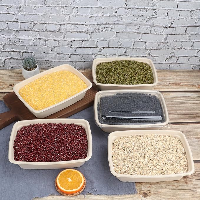 40 oz Rectangle Disposable salad bowls with lids, Sugarcane Fibers Bowls take away food containers Plant Fibers Freezer Safe 50 Pack