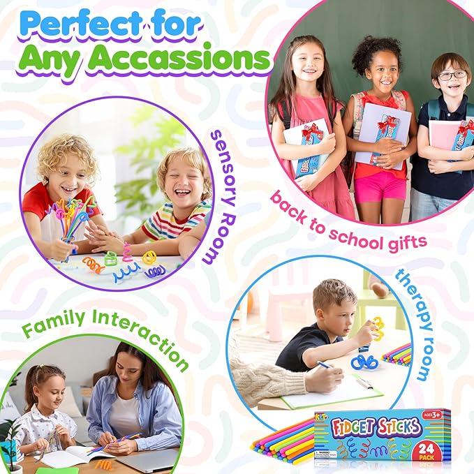 Fidget Toys Kids Sensory Sticks: 24 Pack Creative Party Favors Bulk - Calming Sensory Toys for Kids with Autism - Quiet Fidgets for Classroom Students Prizes