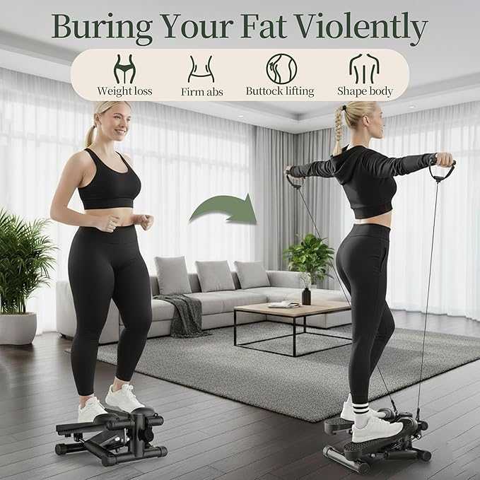 Mini Stair Steppers with Resistance Bands for Exercise at Home, Portable Exercise Twist Stepper Machine for Full Body Workout, Hydraulic Fitness Stepper with LCD Monitor，Black