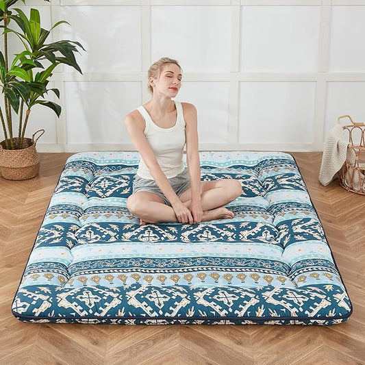 Japanese Floor Mattress, Futon Mattress with Portable Storage Bag and Washable Cover, Roll Up Thick Tatami Mat Suitable for Camping, Guest Room (Blue Striped Jacquard, Full)