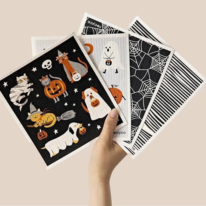RECYCO Swedish Dishcloths for Kitchen | 4 Pack Halloween Wicked Whimsy Washable Dish Rags | Cellulose Reusable Cleaning Paper Towels | Absorbent Counter Dish Cloth Sponge Kitchen Wipes, 8" L x 7" W