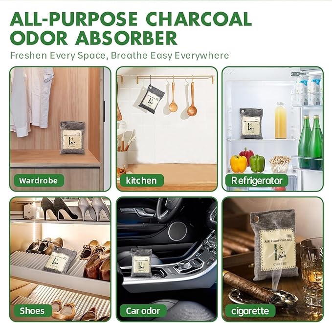 Activated Charcoal Odor Eliminator for Strong Odors, 100% Bamboo Charcoal Bags, Natural Odor Absorber for Home, Car, Closet, and Pet Areas, Natural Freshener (100g*10 Pack)