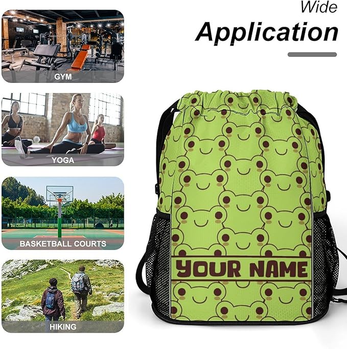 Custom Frog Drawstring Backpack - Cute Cinch Sack, String Backpacks with Pocket for Kids Women Men Boys Girls for Gym Outdoor Sports Travel Athletic Drawstring Bag - Lightweight/Foldable
