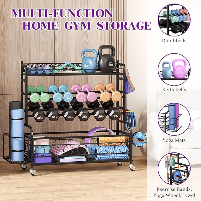 400LBS Dumbbell Rack, VOPEAK Adjustable Weight Rack for Home Gym, Home Gym Storage Rack for Yoga Mat Kettlebells and Strength Training Equipment, Weight Storage Rack for Dumbbells with Wheels