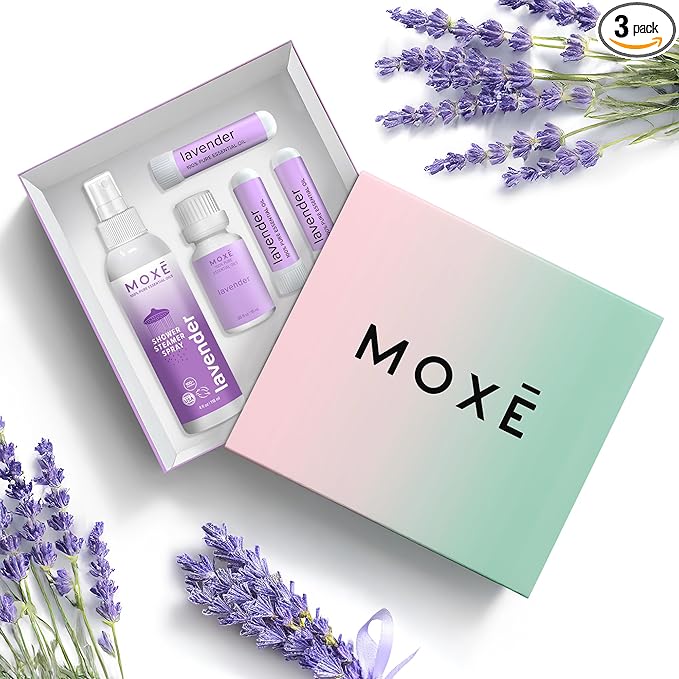 MOXE Lavender Aromatherapy Gift Set, 100% Pure Essential Oil, Shower Steamer Spray, Portable Nasal Inhalers, Diffuser Essential Oil, Sinus & Congestion Relief, Therapeutic Grade, Made in USA